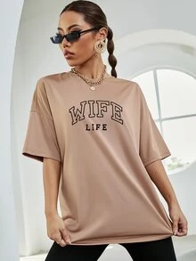 SHEIN Unity Camiseta de hombros caídos con estampado de letra - Caqui - Ver 3