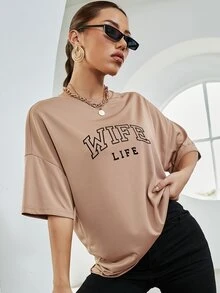 SHEIN Unity Camiseta de hombros caídos con estampado de letra - Caqui - Ver 4