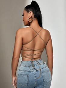 SHEIN SXY Backless Lace Up Crop Cami Top - Mocha Brown - View 1