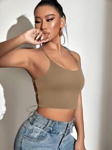 SHEIN SXY Backless Lace Up Crop Cami Top - Mocha Brown - View 6