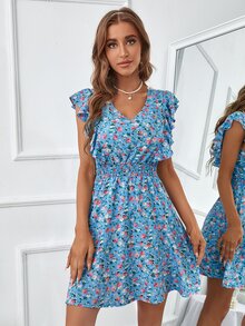 Đầm Xù Dải chun Họa tiết hoa Boho - Màu xanh lam - Xem 4