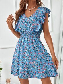 Đầm Xù Dải chun Họa tiết hoa Boho - Màu xanh lam - Xem 6