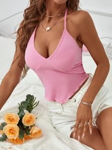 SHEIN Privé Tie Backless Hanky Hem Bustier Halter Top - Baby Pink - View 4