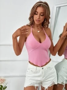 SHEIN Privé Tie Backless Hanky Hem Bustier Halter Top - Baby Pink - View 5