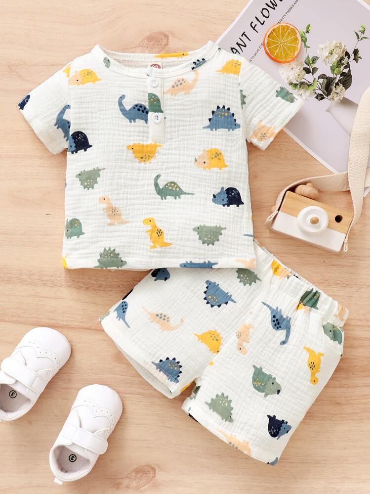 Bebé niño Shorts con top con estampado de dinosaurio con botón - Blanco - Añade 1