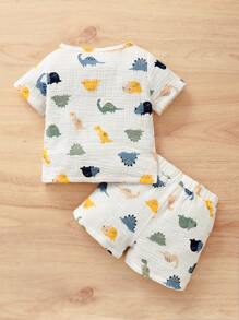 Baby Boy Dinosaur Print Half Button Top & Shorts - White - View 2