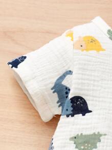 Baby Boy Dinosaur Print Half Button Top & Shorts - White - View 3