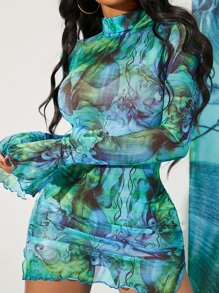 SHEIN SXY 印花立領網紗連衣裙 - 彩色 - 查看 4