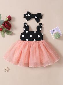 Baby Polka Dot 3D Ear Design Dobby Mesh Hem Dress & Headband