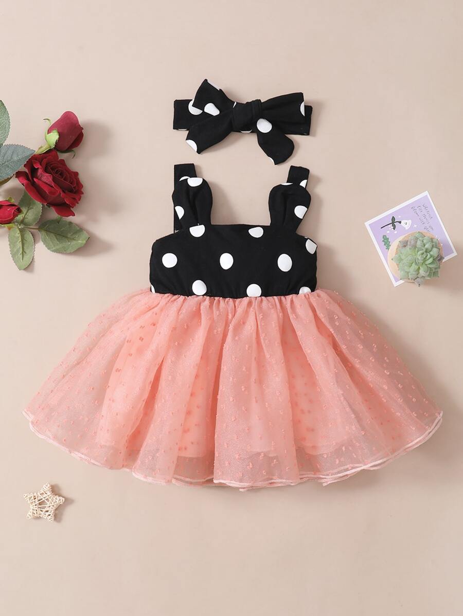 Baby Polka Dot 3D Ear Design Dobby Mesh Hem Dress & Headband