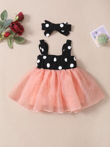 Baby Polka Dot 3D Ear Design Dobby Mesh Hem Dress & Headband