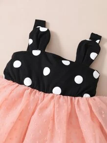 Baby Polka Dot 3D Ear Design Dobby Mesh Hem Dress & Headband