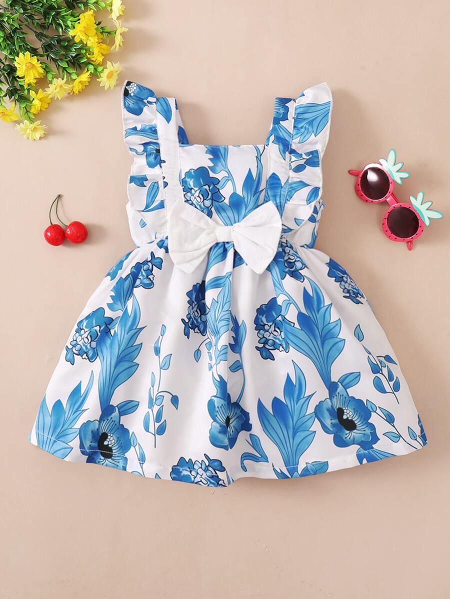 Đứa bé gái In hoa Viền Ruffle Nơ mặt trước Đầm - Xanh và trắng - Xem 1