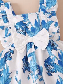 Đứa bé gái In hoa Viền Ruffle Nơ mặt trước Đầm - Xanh và trắng - Xem 3