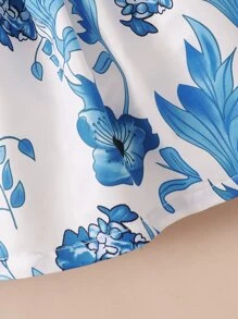 Đứa bé gái In hoa Viền Ruffle Nơ mặt trước Đầm - Xanh và trắng - Xem 5