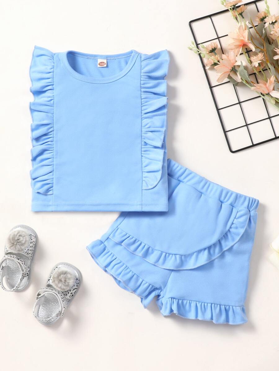 Bộ thời trang bé gái Xù Viên lá sen màu trơn Dễ thương - Màu xanh nhạt - Xem 1