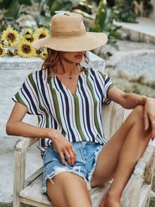 Colourful Striped Dolman Sleeve Blouse - Multicolor - View 6