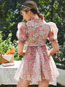 Floral Puff Sleeve Organza Dress - Multicolor - View 2