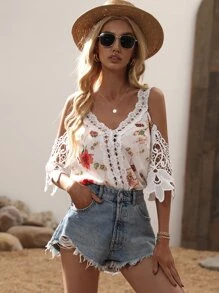 Áo sơ mi nữ Tương phản ren Hoa Giải trí - trắng - Xem 5