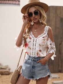 Áo sơ mi nữ Tương phản ren Hoa Giải trí - trắng - Xem 6