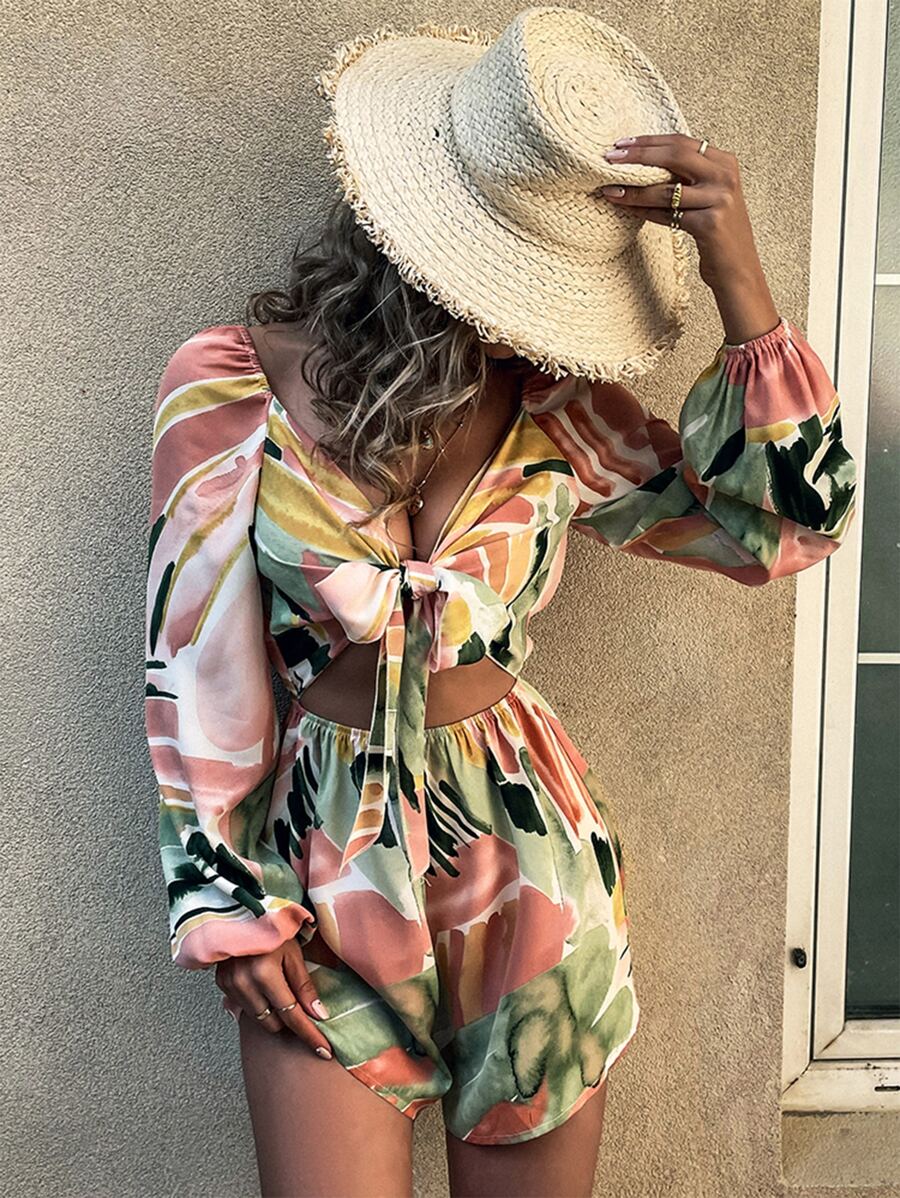 筆刷圖案鏤空前繫帶燈籠袖連身短褲 - 彩色 - 查看 1