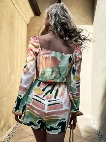 筆刷圖案鏤空前繫帶燈籠袖連身短褲 - 彩色 - 查看 2