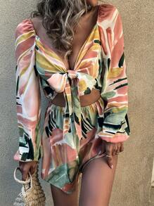 筆刷圖案鏤空前繫帶燈籠袖連身短褲 - 彩色 - 查看 3