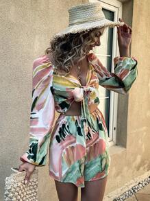 筆刷圖案鏤空前繫帶燈籠袖連身短褲 - 彩色 - 查看 4