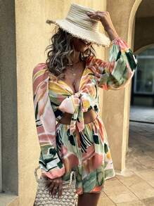 筆刷圖案鏤空前繫帶燈籠袖連身短褲 - 彩色 - 查看 5