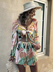 筆刷圖案鏤空前繫帶燈籠袖連身短褲 - 彩色 - 查看 6