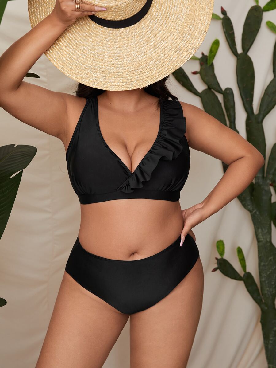 Plus Size Plain Frill Trim High Eo Bikini Set Bãi biển mùa hè - màu đen - Xem 1