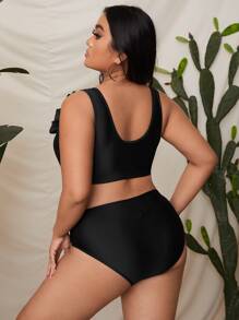 Plus Size Plain Frill Trim High Eo Bikini Set Bãi biển mùa hè - màu đen - Xem 2