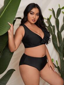 Plus Size Plain Frill Trim High Eo Bikini Set Bãi biển mùa hè - màu đen - Xem 4