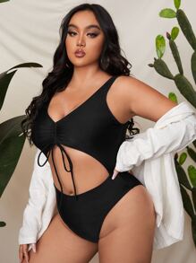 Plus Cut-out Tie Front One Piece Swimsuit - Black - View 1