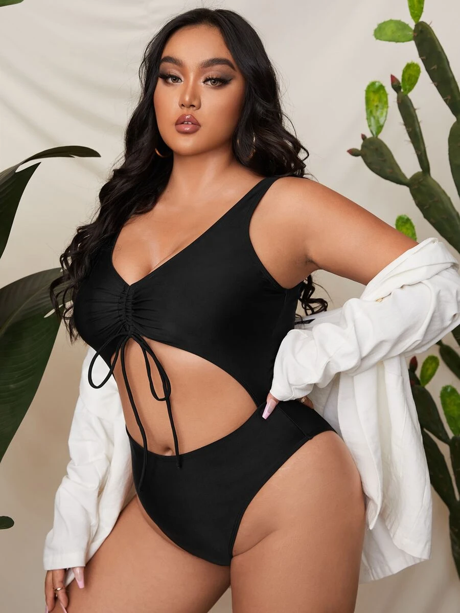 Plus Cut-out Tie Front One Piece Swimsuit - Black - View 1