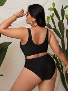 Plus Cut-out Tie Front One Piece Swimsuit - Black - View 2