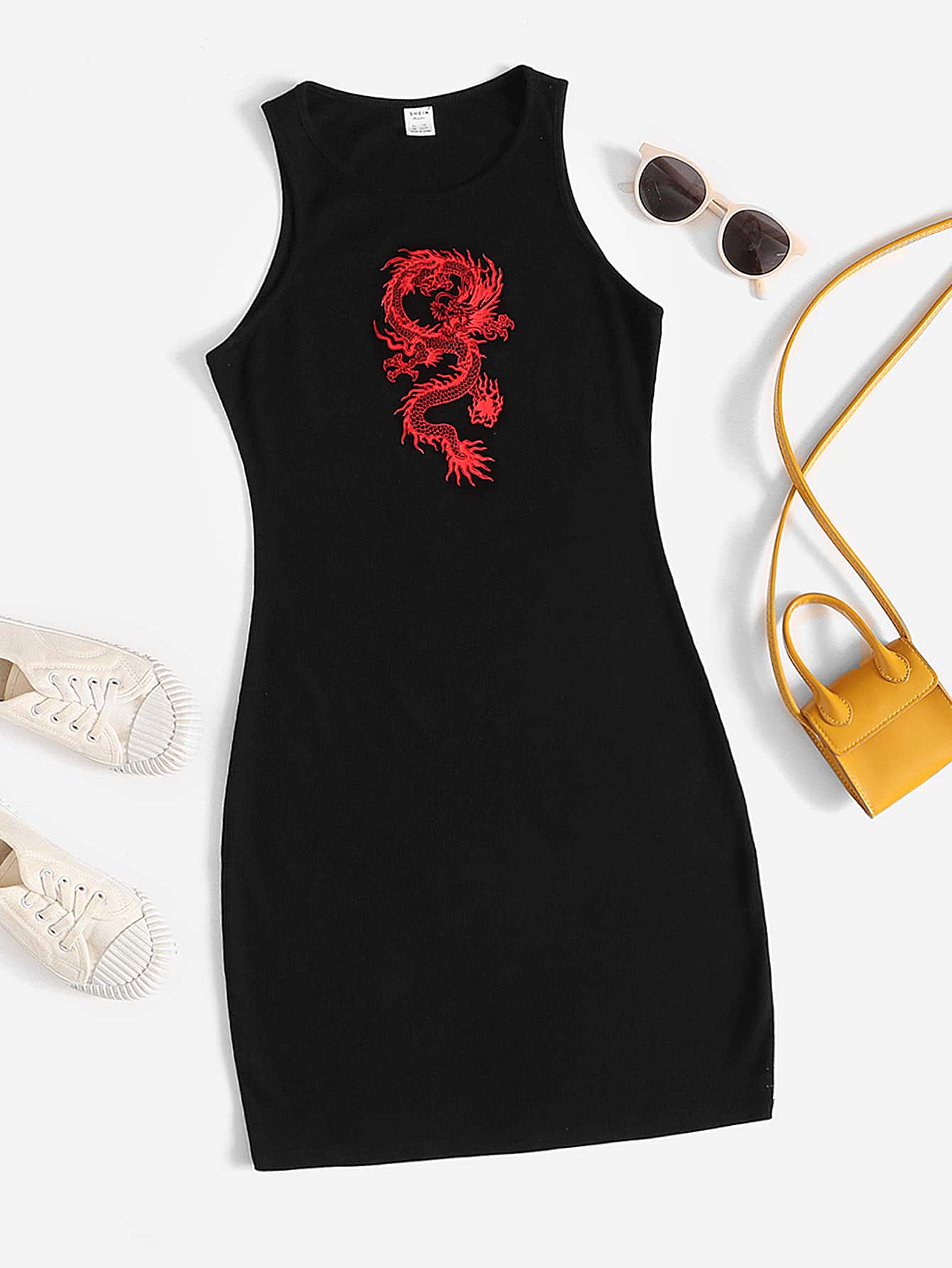 SHEIN Teen Girls Chinese Dragon Print Dress - Black - View 1