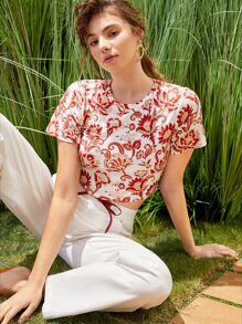 SHEIN 滿版印花短款T恤 - 紅白色 - 查看 1