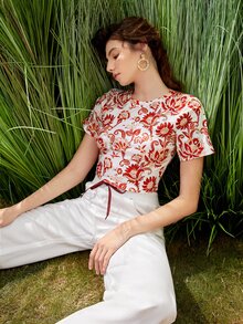 SHEIN 滿版印花短款T恤 - 紅白色 - 查看 7