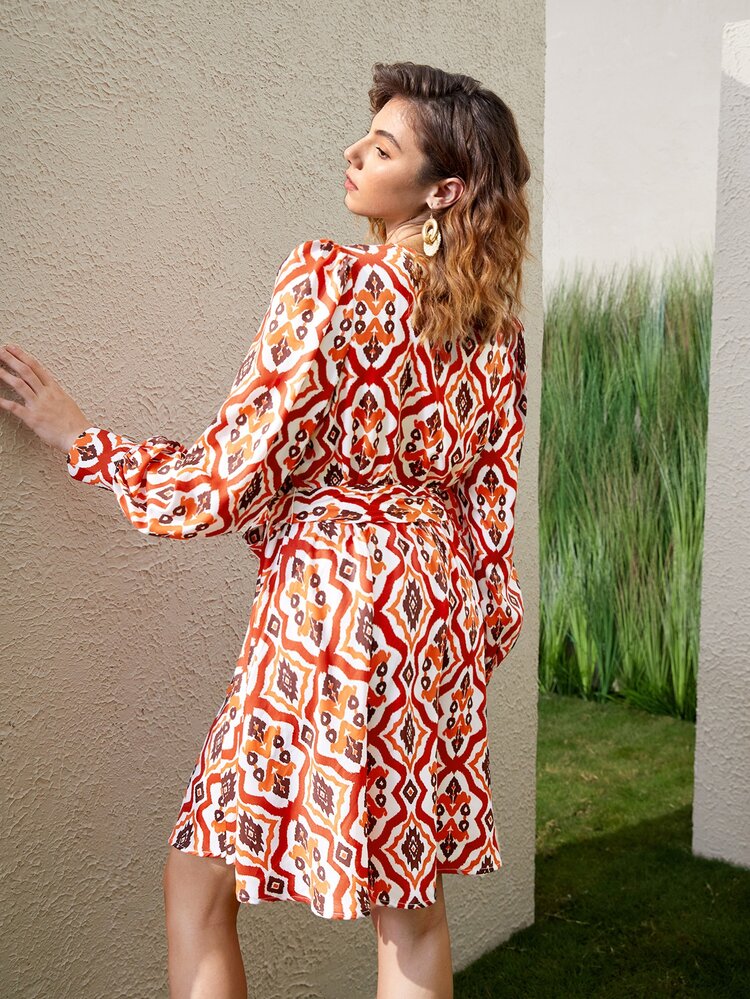 SHEIN VCAY Vestido con estampado con cinturón de manga farol - Multicolor - Añade 3