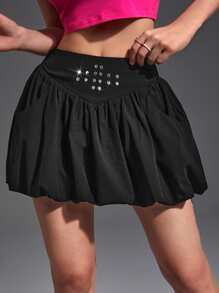 SHEIN MOD Rhinestone Detail Puff Hem Skirt - Black - View 1