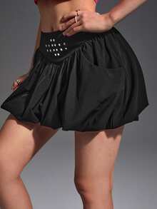 SHEIN MOD Rhinestone Detail Puff Hem Skirt - Black - View 3