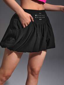SHEIN MOD Rhinestone Detail Puff Hem Skirt - Black - View 4