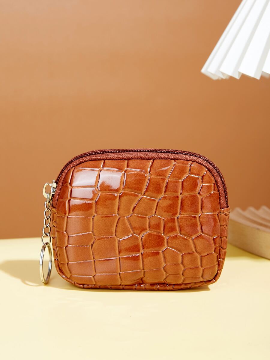 鱷魚壓紋零錢包 - 棕色 - 查看 1