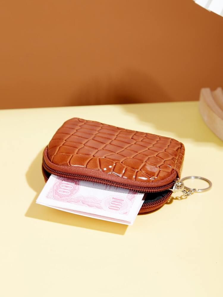 鱷魚壓紋零錢包 - 棕色 - 查看 2