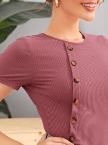 SHEIN Essnce 紐扣細節羅紋針織緊身t恤 - 紅木色 - 查看 5