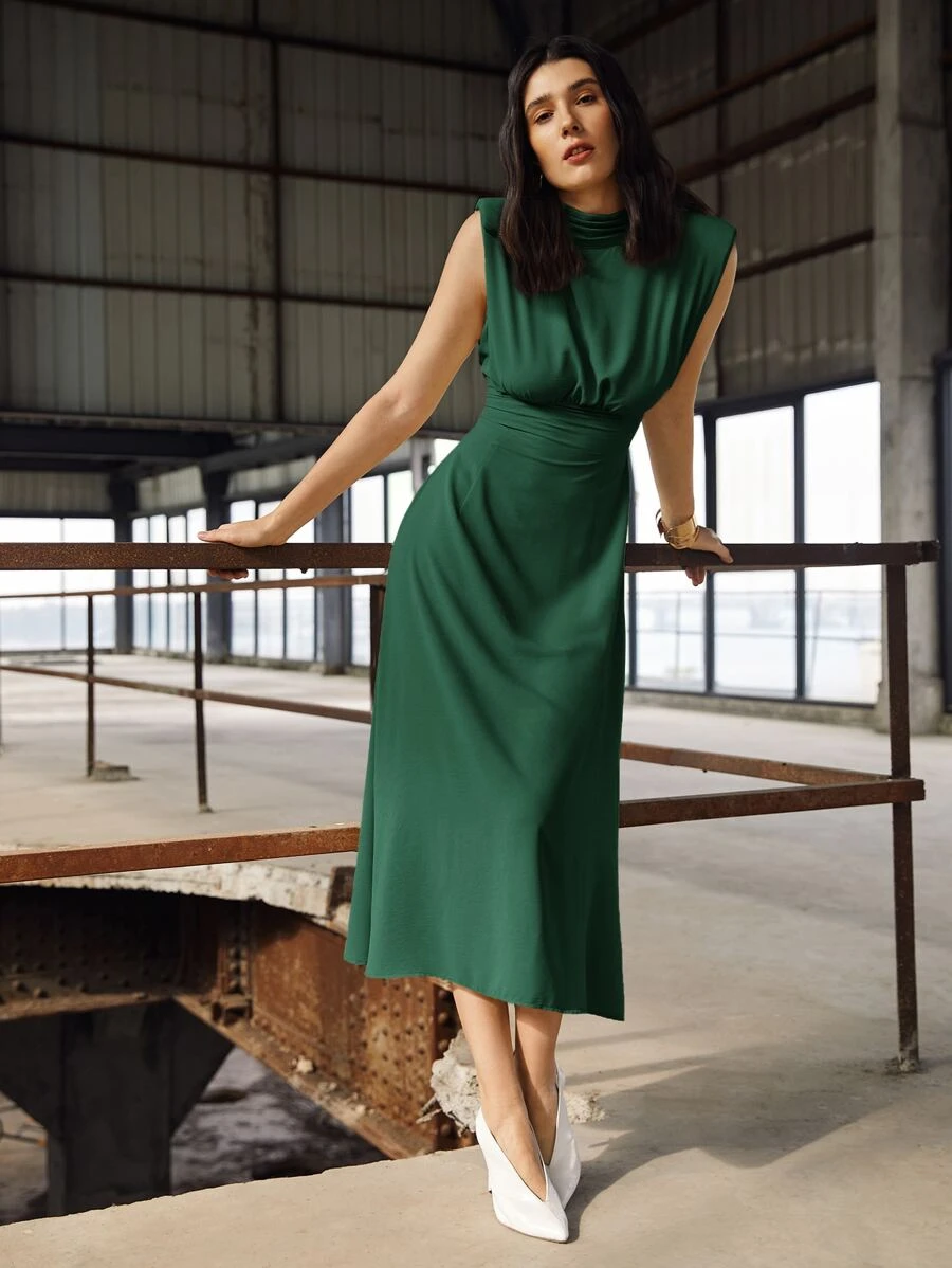 BizChic Váy suông màu trơn vai rộng cổ đứng nhỏ cho nữ, thanh lịch cho mùa cưới, váy công sở cơ bản, trang phục duyên dáng cho quý cô, thích hợp cho buổi hòa nhạc, váy dự tiệc cưới - Màu xanh lá cây đậm - Xem 1