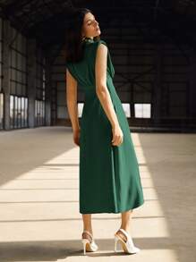 BizChic Váy suông màu trơn vai rộng cổ đứng nhỏ cho nữ, thanh lịch cho mùa cưới, váy công sở cơ bản, trang phục duyên dáng cho quý cô, thích hợp cho buổi hòa nhạc, váy dự tiệc cưới - Màu xanh lá cây đậm - Xem 2