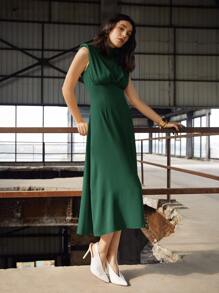 BizChic Váy suông màu trơn vai rộng cổ đứng nhỏ cho nữ, thanh lịch cho mùa cưới, váy công sở cơ bản, trang phục duyên dáng cho quý cô, thích hợp cho buổi hòa nhạc, váy dự tiệc cưới - Màu xanh lá cây đậm - Xem 4