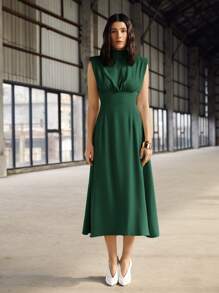 BizChic Váy suông màu trơn vai rộng cổ đứng nhỏ cho nữ, thanh lịch cho mùa cưới, váy công sở cơ bản, trang phục duyên dáng cho quý cô, thích hợp cho buổi hòa nhạc, váy dự tiệc cưới - Màu xanh lá cây đậm - Xem 5